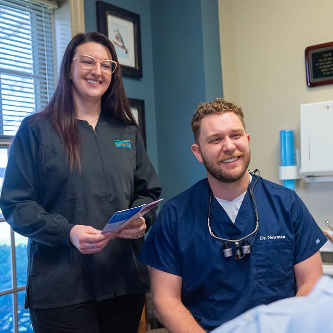 Dr. Jordan Newman and a dental staff member inside the clinic of Guilford Hills Dental Care in Chambersburg, PA